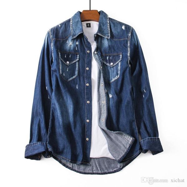 mens designer washed vintage denim shirts slim fit ripped long sleeve dark blue two-pocket cotton casual jeans shirt nj0103, White;black
mens designer washed vintage denim shirts slim fit ripped long sleeve dark blue two-pocket cotton casual jeans shirt nj0103, White;black