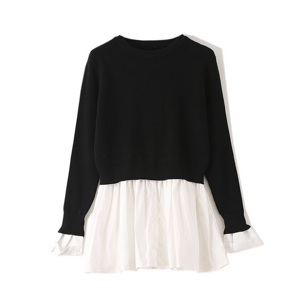 

2020 black and white hit color shirt split joint skirt false twinset knitting unlined upper garment pullover woman sweater, Black;white