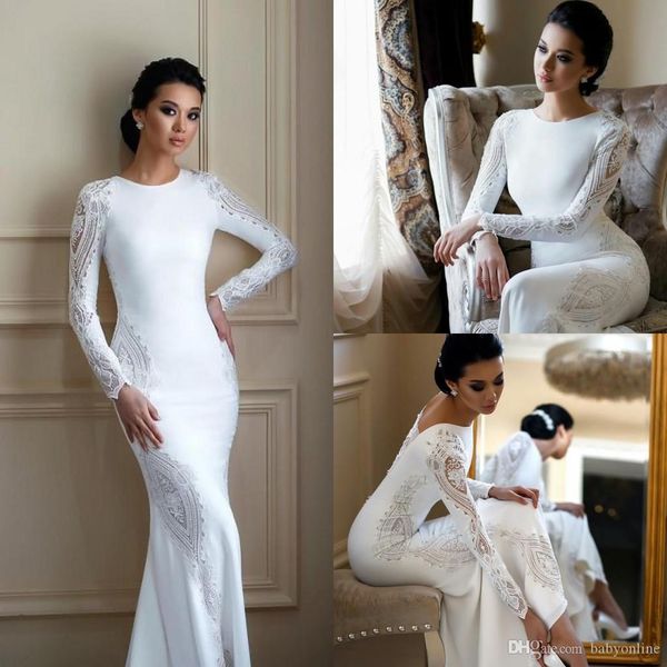 satin plus size mermaid wedding dress lace appliqued long sleeve vintage crew neck sweep train dubai arabic wedding dress bridal gowns, White
satin plus size mermaid wedding dress lace appliqued long sleeve vintage crew neck sweep train dubai arabic wedding dress bridal gowns, White