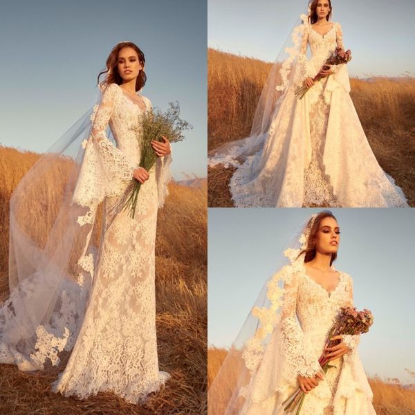 full lace a line wedding dresses with detachable train v neck long sleeve appliqued bridal gowns floor length lastest wedding dress, White
full lace a line wedding dresses with detachable train v neck long sleeve appliqued bridal gowns floor length lastest wedding dress, White