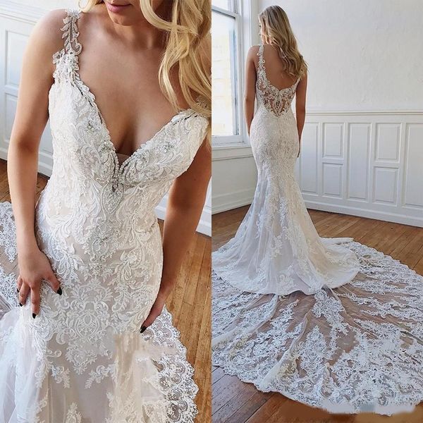 gorgeous lace mermaid wedding dresses new v neck backless appliqued formal church wedding dress bridal gowns vestidos de mariee, White 
gorgeous lace mermaid wedding dresses new v neck backless appliqued formal church wedding dress bridal gowns vestidos de mariee, White