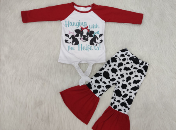 children's clothing cattle print girl long-sleeved shirt with flared pants boutique clothing set, White
children's clothing cattle print girl long-sleeved shirt with flared pants boutique clothing set, White