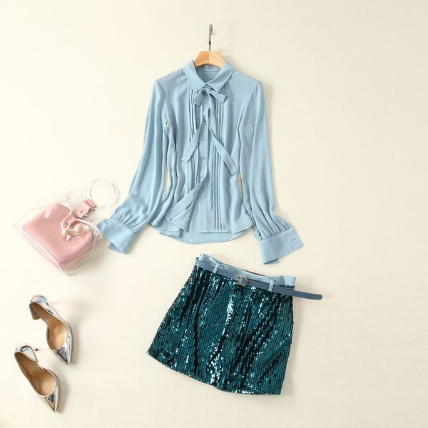 european and american women's clothing 2019 summer new style long-sleeved blue shirt sequined skirt fashion belts suit, White
european and american women's clothing 2019 summer new style long-sleeved blue shirt sequined skirt fashion belts suit, White
