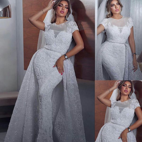 2020 lace mermaid wedding dresses with detachable train sheer jewel neck capped short sleeve bridal gowns plus size wedding dress, White
2020 lace mermaid wedding dresses with detachable train sheer jewel neck capped short sleeve bridal gowns plus size wedding dress, White