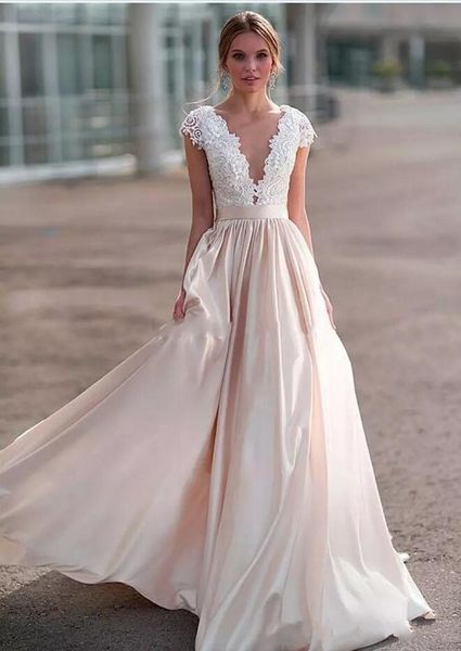 2020 luxury lace wedding dresses sheer neck cap sleeves satin ribbon illusion back country wedding gowns beach bridal dresse, White 
2020 luxury lace wedding dresses sheer neck cap sleeves satin ribbon illusion back country wedding gowns beach bridal dresse, White