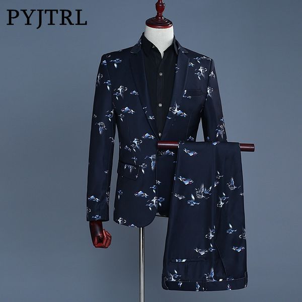 pyjtrl 2018 new style tide men fashion navy blue birds print casual slim fit suits costume homme jacket pants groom wedding suit, White;black
pyjtrl 2018 new style tide men fashion navy blue birds print casual slim fit suits costume homme jacket pants groom wedding suit, White;black
