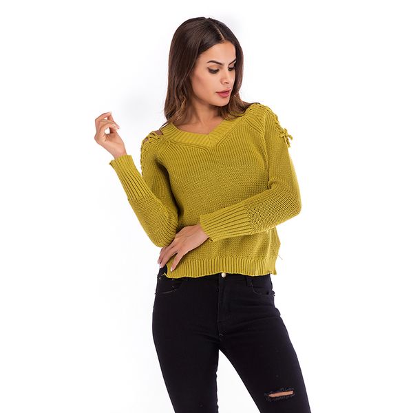 2019 autumn women sweater pullover solid yellow cotton v-neck lace up long sleeve knitted sweaters knitwear jumpers ladies, White;black
2019 autumn women sweater pullover solid yellow cotton v-neck lace up long sleeve knitted sweaters knitwear jumpers ladies, White;black