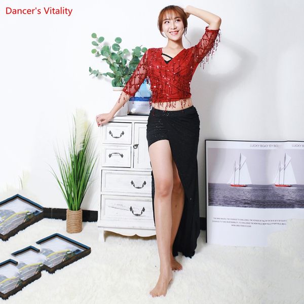 women belly dance set competition chiffon/lace/cotton dance costume long sleeved +split stretch long skirt 2cps, Black;red
women belly dance set competition chiffon/lace/cotton dance costume long sleeved +split stretch long skirt 2cps, Black;red