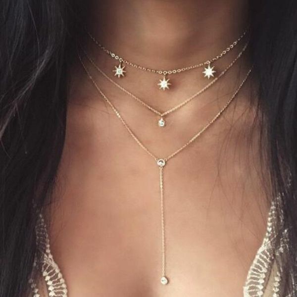 new fashion accessories gold drill multi-layer chain pendant necklace women's combination set, Silver 
new fashion accessories gold drill multi-layer chain pendant necklace women's combination set, Silver