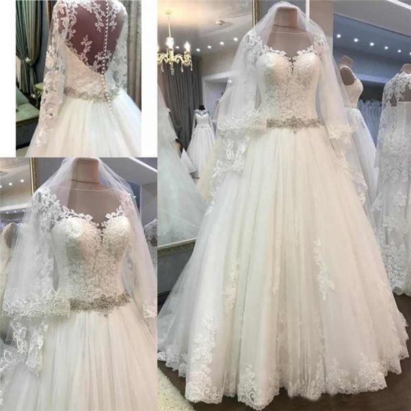 latest sheer lace wedding dresses 2019 scoop neck a-line long sleeves button back appliques beaded bridal wedding gowns, White
latest sheer lace wedding dresses 2019 scoop neck a-line long sleeves button back appliques beaded bridal wedding gowns, White