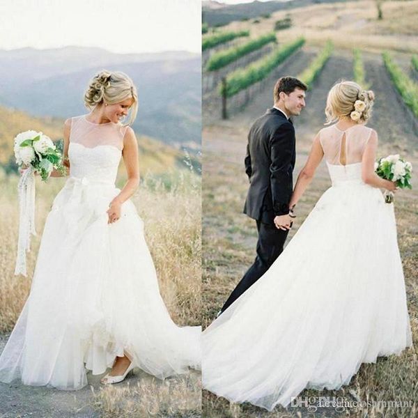 elegant country wedding dresses sheer jewel neck sleeveless open back tulle long custom made wedding dress, White
elegant country wedding dresses sheer jewel neck sleeveless open back tulle long custom made wedding dress, White