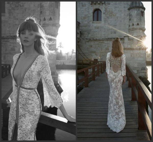 new chic mermaid lace wedding dresses plunging neck crystal bridal gowns front split floor length long sleeve wedding dress fall custom made, White
new chic mermaid lace wedding dresses plunging neck crystal bridal gowns front split floor length long sleeve wedding dress fall custom made, White
