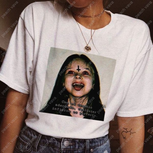 with the right demon any hell is perfect letter print chic summer harajuku gothic vintage casual loose girls women t-shirt, White 
with the right demon any hell is perfect letter print chic summer harajuku gothic vintage casual loose girls women t-shirt, White