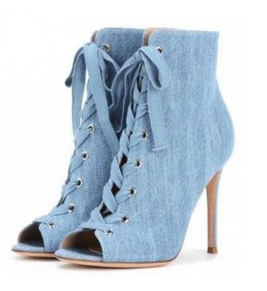 blue denim lace-up ankle boots peep toe cut-out gladiator sandal boots for women zapatillas mujer ship, Black
blue denim lace-up ankle boots peep toe cut-out gladiator sandal boots for women zapatillas mujer ship, Black