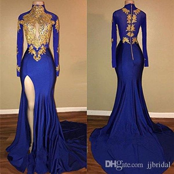 2018 arabic gold appliques high collar long sleeves prom dresses mermaid vintage high thigh split black girls evening gowns
2018 arabic gold appliques high collar long sleeves prom dresses mermaid vintage high thigh split black girls evening gowns