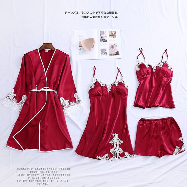 fzslcyiyi 4 pieces women pajamas sets elegant lace faux silk sleepwear sets satin spring summer autumn robe home wear, Black;red
fzslcyiyi 4 pieces women pajamas sets elegant lace faux silk sleepwear sets satin spring summer autumn robe home wear, Black;red