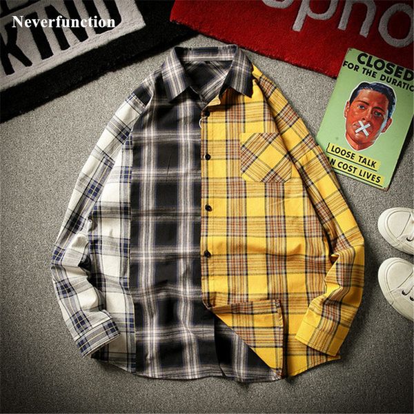 new men spring autumn streetwear hip hop patchwork loose long sleeve plaid shirts harajuku male curved hem casual shirt, White;black 
new men spring autumn streetwear hip hop patchwork loose long sleeve plaid shirts harajuku male curved hem casual shirt, White;black