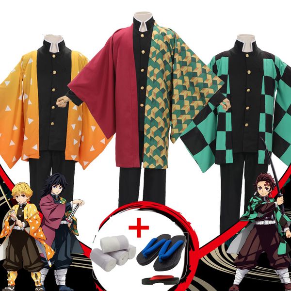 

demon slayer: kimetsu no yaiba cosplay costumes kamado tanjirou cloak kimono+pants+belt+clogs+gauzes suit party halloween new, Black