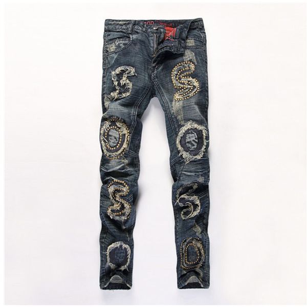 2019 fashion new male hole pearls patchwork ripped denim trousers punk style men's streetwear hiphop skinny casual beggar jeans, Blue
2019 fashion new male hole pearls patchwork ripped denim trousers punk style men's streetwear hiphop skinny casual beggar jeans, Blue