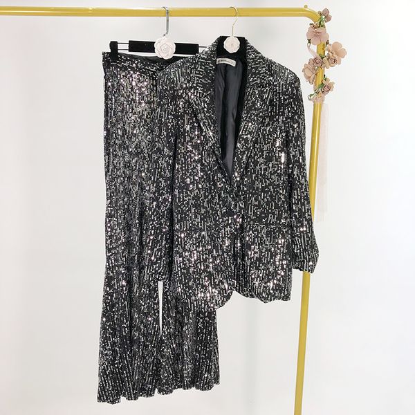2020 new sequins decoration women's suits pants two-piece elegant mid-length blazer jacket casual high waist flared trousers, White;black
2020 new sequins decoration women's suits pants two-piece elegant mid-length blazer jacket casual high waist flared trousers, White;black