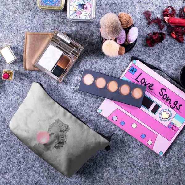 need makeup bags creative spit bubble statue zipper soft cosmetic bag toiletry bag fashion stone print women's cosmetic
