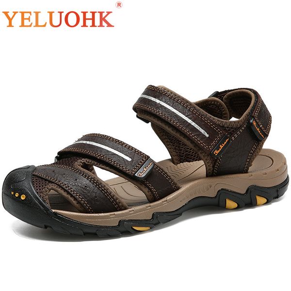 2018 men sandals soft leather summer shoes sandals men comfortable, Black
