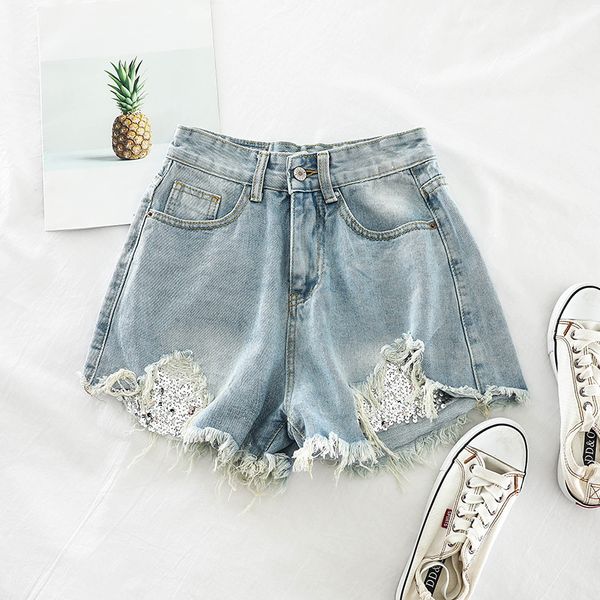 2019 new fashion women's clothing washed denim shorts summer loose wild high waist student sequins hole h836, Blue
2019 new fashion women's clothing washed denim shorts summer loose wild high waist student sequins hole h836, Blue