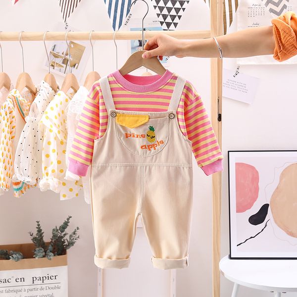 girls sets spring stripe with back belt pants set 2020 wholesale, White