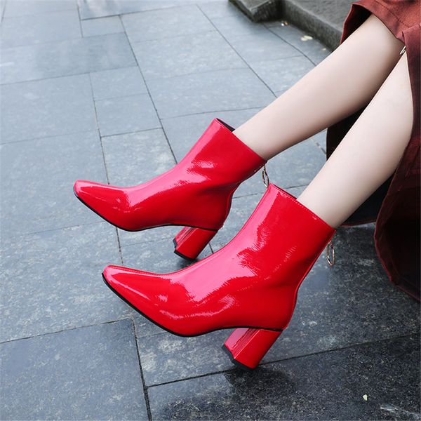 sarairis 2019 square toe high heel ankle boots women shoes woman add fur winter shoes woman boots female, Black