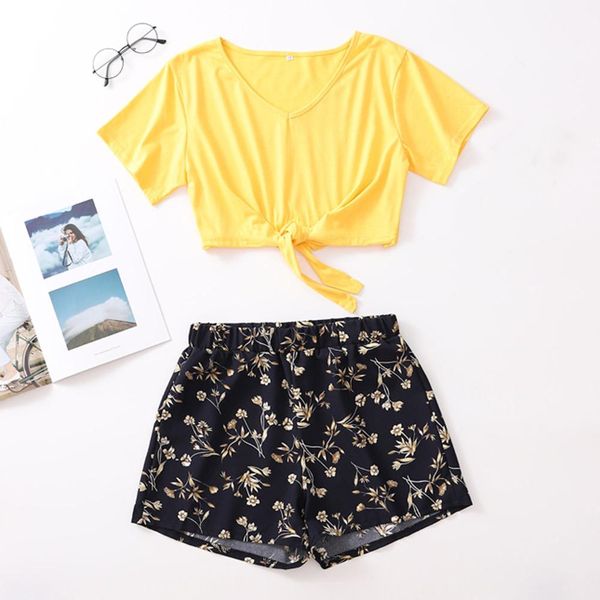 women solid color short sleeve shorts casual sports set yellow short sleeve blouse print shorts beach sport two-piece outfit, White
women solid color short sleeve shorts casual sports set yellow short sleeve blouse print shorts beach sport two-piece outfit, White