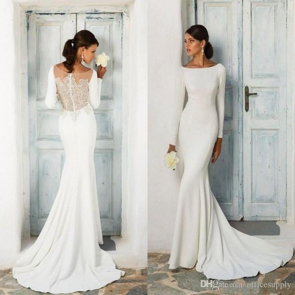 elegant simple white mermaid wedding dresses long sleeve lace appliqued sheer back covered button bridal gowns vestido de novia
elegant simple white mermaid wedding dresses long sleeve lace appliqued sheer back covered button bridal gowns vestido de novia