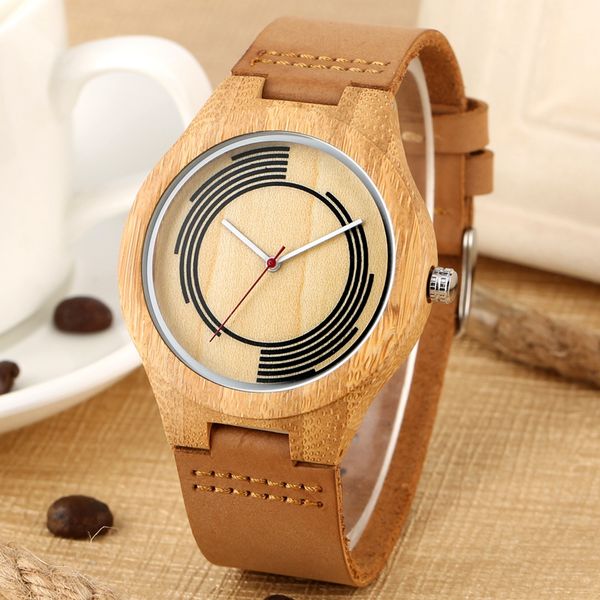 

bamboo wood watch men's watch spiral stripe dial art design quartz man wristwatch retro soft leather band male wrist clock reloj, Slivery;brown