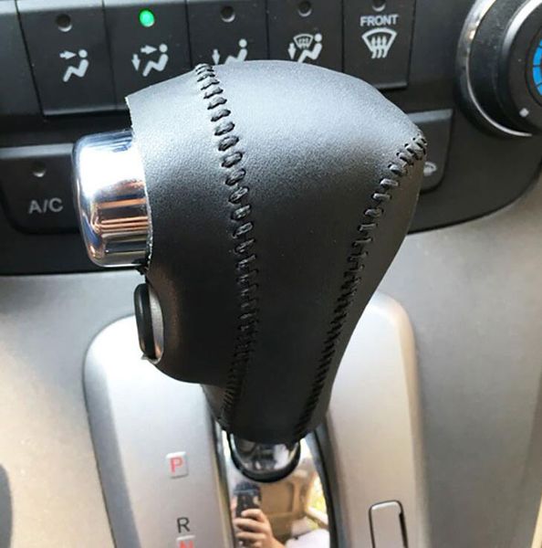 

black genuine leather diy hand-stitched car gear shift knob cover for crv cr-v automatic 2007 2008 2009 2010 2011