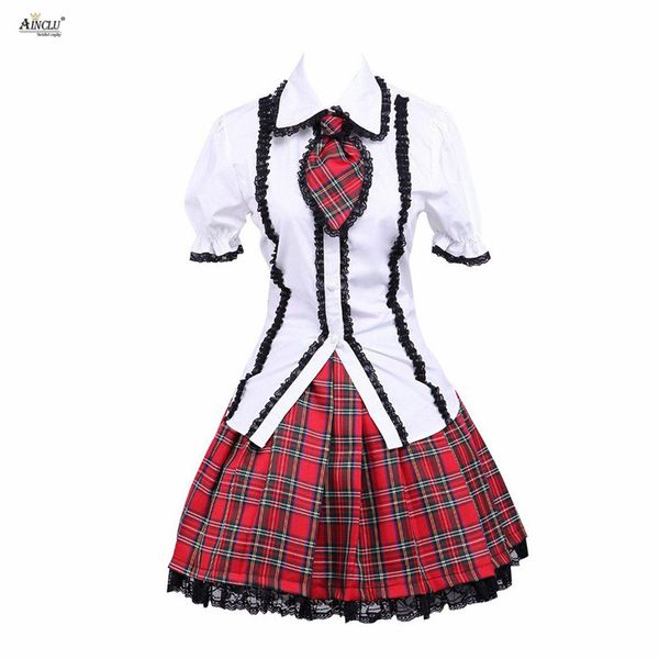 ainclu womens cotton lolita suits including white puff short sleeves lolita blouse and checkered classic school skirt, Black;red
ainclu womens cotton lolita suits including white puff short sleeves lolita blouse and checkered classic school skirt, Black;red
