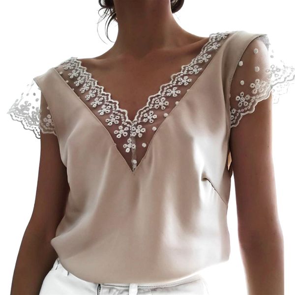2019 new ladies fashion deep v-neck hollow lace splicing perspective casual slim fit women, White
2019 new ladies fashion deep v-neck hollow lace splicing perspective casual slim fit women, White
