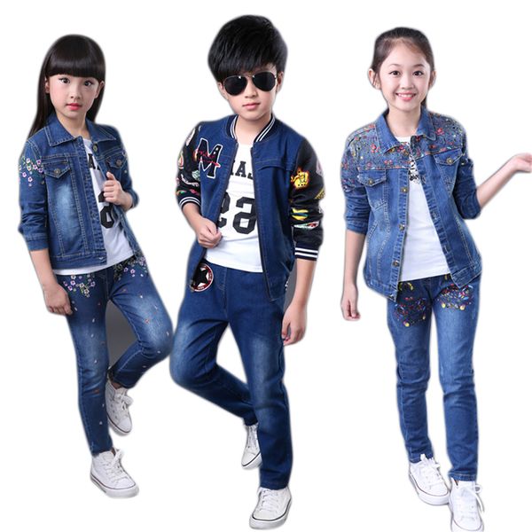 children clothes set for boys girls denim clothing suit jacket + jeans 2pcs for 5 7 9 11 13 14 years old, White 
children clothes set for boys girls denim clothing suit jacket + jeans 2pcs for 5 7 9 11 13 14 years old, White