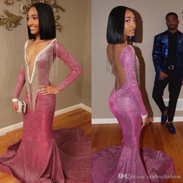 sequins reflective mermaid prom dresses beads sheer v neck long sleeves evening gowns with tassels sweep train dress evening wear ogstuff, Black
sequins reflective mermaid prom dresses beads sheer v neck long sleeves evening gowns with tassels sweep train dress evening wear ogstuff, Black