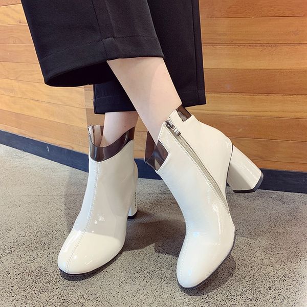 2019 winter bright leather thick with short boots side zipper patent leather square fashion british wind high heel women's boots, Black
2019 winter bright leather thick with short boots side zipper patent leather square fashion british wind high heel women's boots, Black