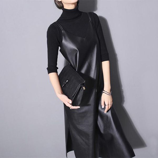 spring summer 2019 new fashion women's wear v-collar pu women dress, Black;gray 
spring summer 2019 new fashion women's wear v-collar pu women dress, Black;gray
