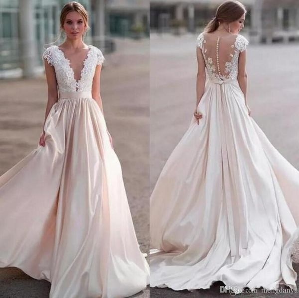 summer beach capped sleeves lace wedding dresses deep v neck illusion back a line satin wedding bridal gowns cheap, White
summer beach capped sleeves lace wedding dresses deep v neck illusion back a line satin wedding bridal gowns cheap, White