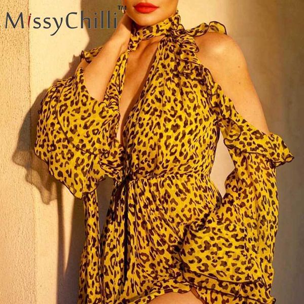 missychilli vintage leopard print chiffon off shoulder romper women flare sleeve elegant romper summer party short jumpsuit, Black;white 
missychilli vintage leopard print chiffon off shoulder romper women flare sleeve elegant romper summer party short jumpsuit, Black;white