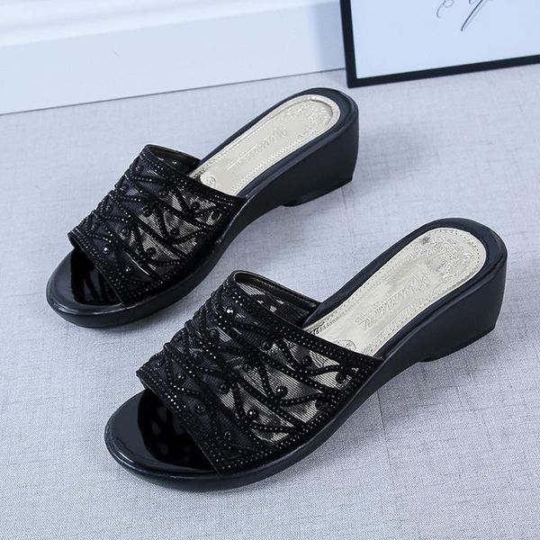 summer women slippers casual shoes wedge thick bottom slippers mesh rhinestone mother fashion sandals #4.25, Black
summer women slippers casual shoes wedge thick bottom slippers mesh rhinestone mother fashion sandals #4.25, Black