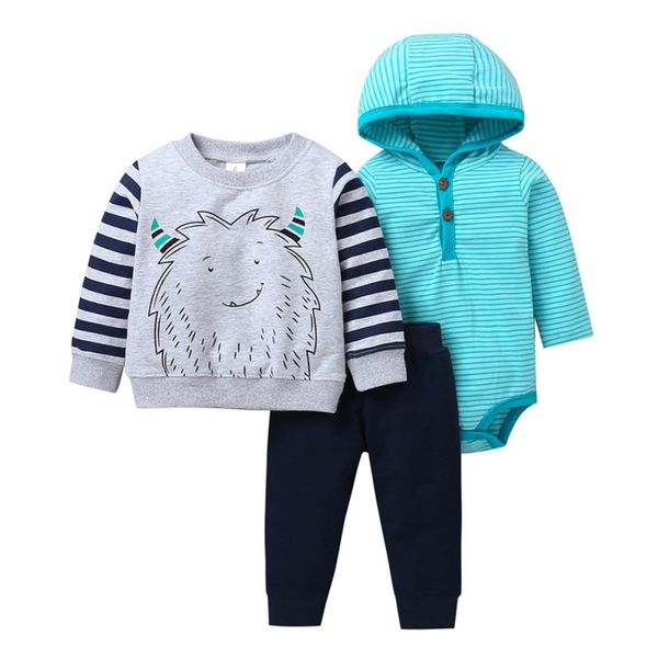 long-sleeed trousers bodysuit hooded boys cartoon striped t-shirt solid color pants romper baby's sets three-piece baby boys, White
long-sleeed trousers bodysuit hooded boys cartoon striped t-shirt solid color pants romper baby's sets three-piece baby boys, White