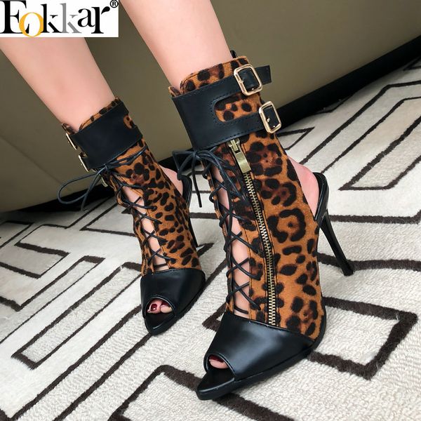 

eokkar 2019 new size 45 women thin high heel slingbacks pumps shoes open toe leopard 11cm stiletto ladies pumps plus size 34-45, Black