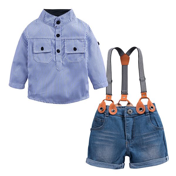 retail baby boys mandarin collar striped shirt+ denim overalls 2 pieces set kids cotton formal suits children boutique designer clothing, White 
retail baby boys mandarin collar striped shirt+ denim overalls 2 pieces set kids cotton formal suits children boutique designer clothing, White