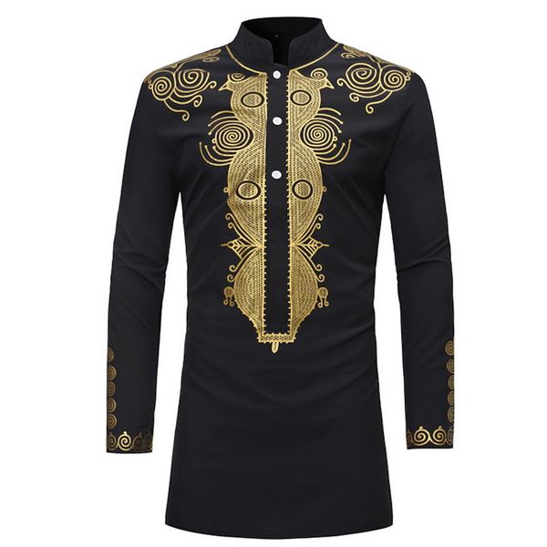 

laamei men african black golden printed long sleeves button shirt stand up collar tribal folk tunic for men plus size, White;black