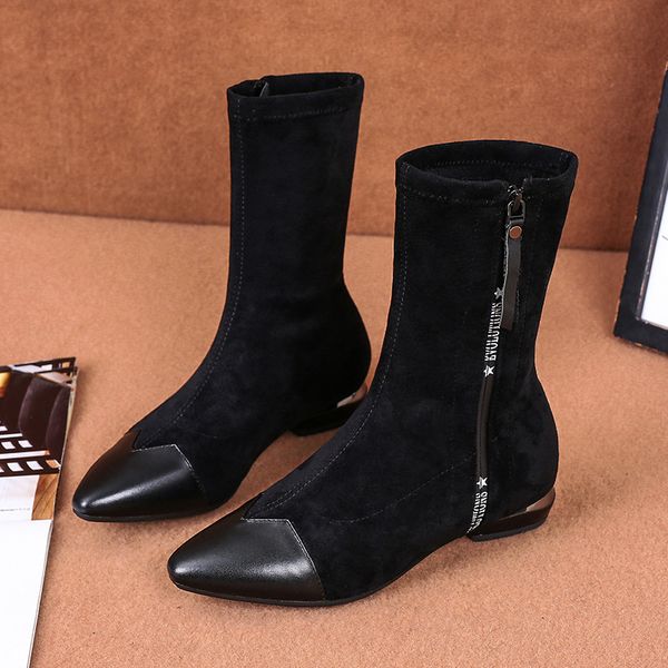foreign trade boots new women's boots pointed low heel mid barrel boots, Black