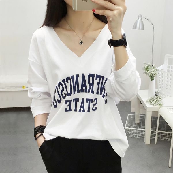 2019 season long sleeve t- female coat t-shirt v-neck base shirt bat sleeve loose slim top, White
2019 season long sleeve t- female coat t-shirt v-neck base shirt bat sleeve loose slim top, White