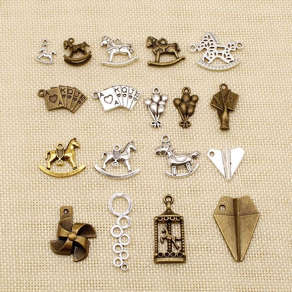50 pieces metal charms for jewelry making children's trojan rocking horse paper plane poker balloon windmill hj110, Bronze;silver
50 pieces metal charms for jewelry making children's trojan rocking horse paper plane poker balloon windmill hj110, Bronze;silver