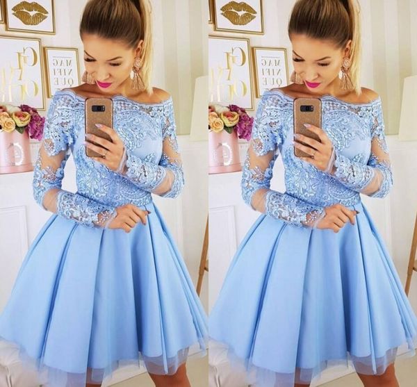 fashion light sky blue long sleeve homecoming prom dress short illusion off the shoulder lace applique party graduation cocktail dress, Blue;pink
fashion light sky blue long sleeve homecoming prom dress short illusion off the shoulder lace applique party graduation cocktail dress, Blue;pink